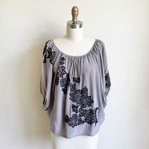 Gray Bohemian Floral Embroidery Silk Blouse